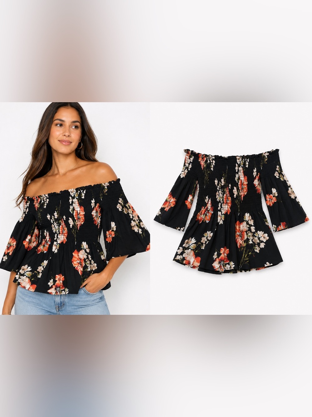 Off-Shoulder Black Floral Peasant Top